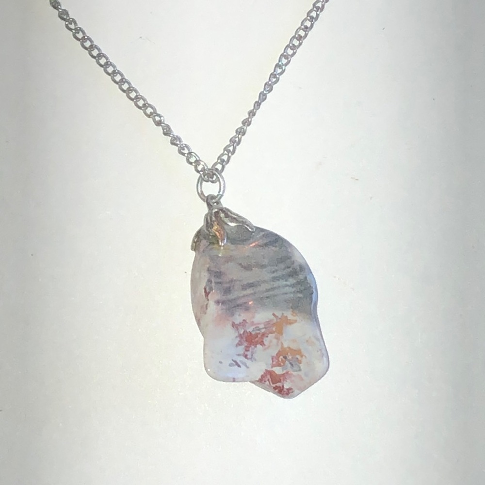 Silver Tone Chain Necklace with Irregular White and Peach Stone Pendant - Picture 3 of 6